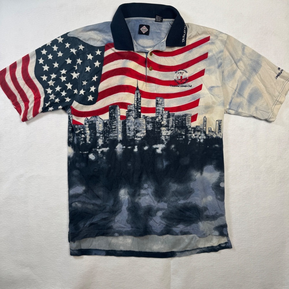 Vintage Tabasco American Flag NYC Skyline Polo Shirt Mens XL 2002 Golf Tee Off - Picture 9 of 9